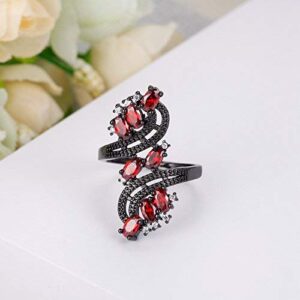 Uloveido Black Plated Wide Flower Ring with Red CZ Stones Created Ruby Diamond Unique Wedding Engagement Promise Jewelry (Red, Size 8) J656