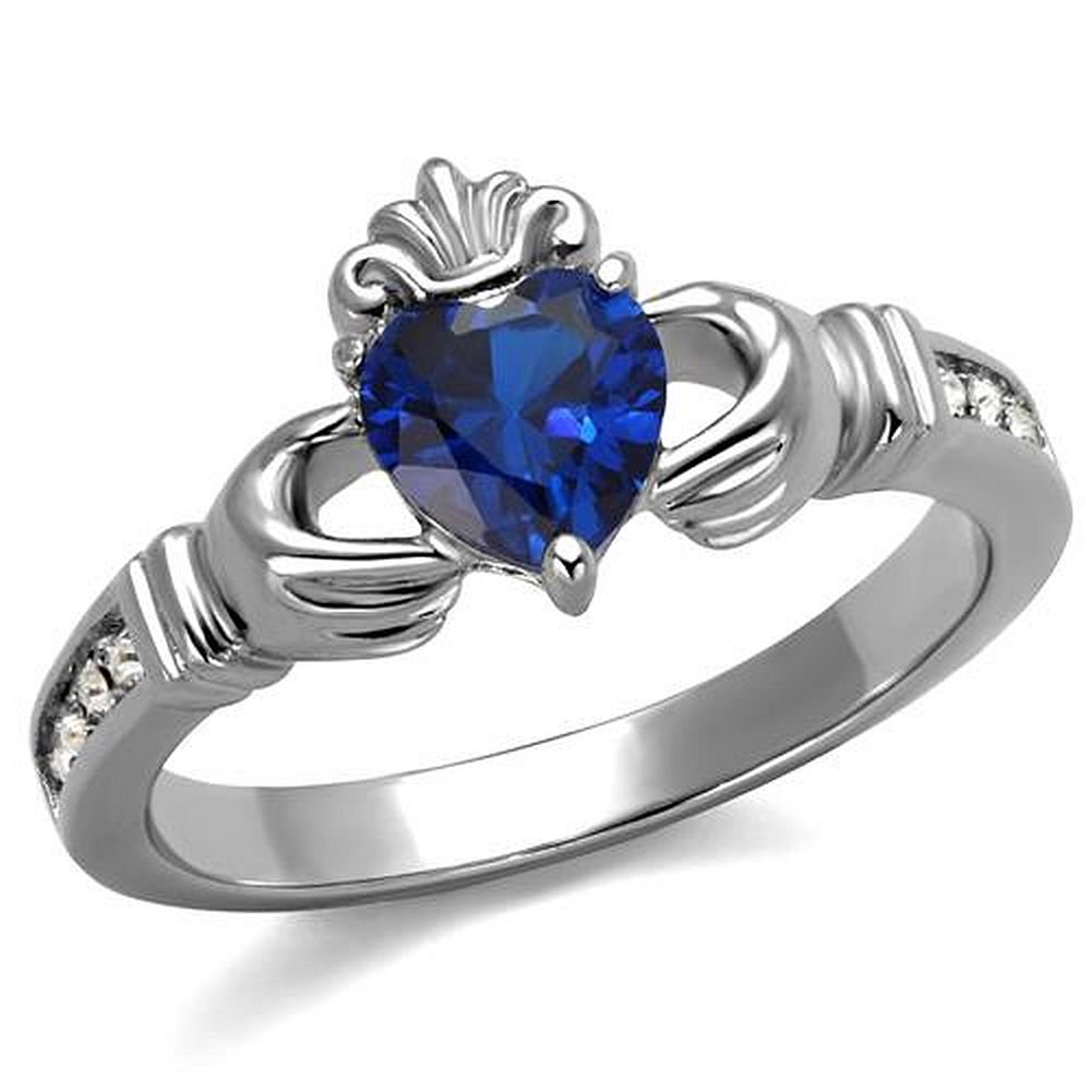 Nationalonlinediscounts Dark Blue Sapphire Heart CZ Stainless Steel Claddagh Irish Celtic Princess Crown Ring (5)