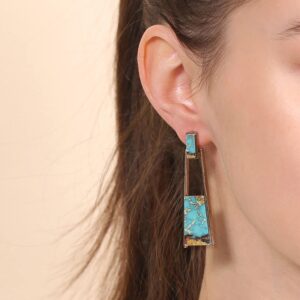 BONALUNA Bohemian Wood And Marble Effect Oblong Shaped yellow-gold-plated-bronze Drop Statement Earrings (TURQUOISE)