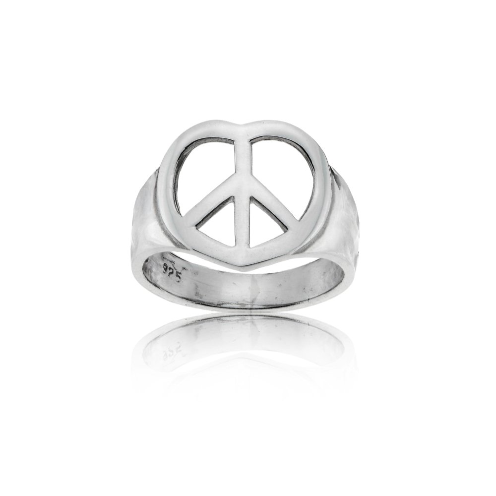 Hoops & Loops 925 Sterling Silver Heart Peace Sign Statement Signet Style Ring for Women Men Teen Girls, Size 7