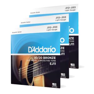 d'addario guitar strings - acoustic guitar strings - 80/20 bronze - for 6 string guitar - deep, bright, projecting tone - ej11-3d - light, 12-53 - 3-pack.