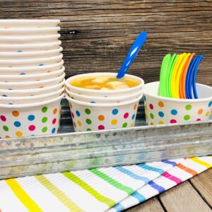 8 Ounce Polka Dot Paper Ice Cream Cups - Plastic Spoons - Paper Umbrellas - Blue Orange Yellow Green - Ice Cream Sunddae Kit for 24