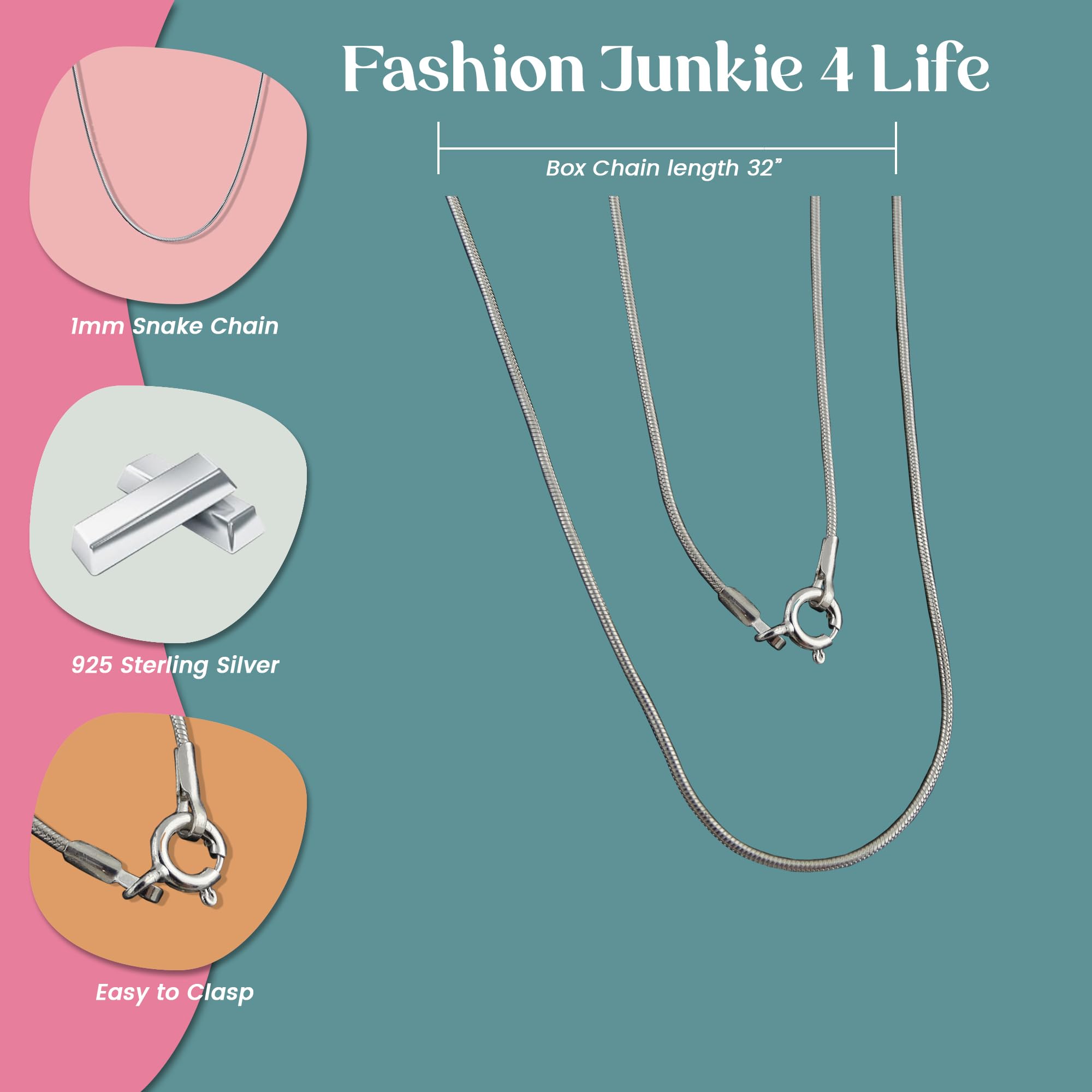 FashionJunkie4Life Sterling Silver 1mm 32" Snake Chain Necklace with Spring Ring Clasp