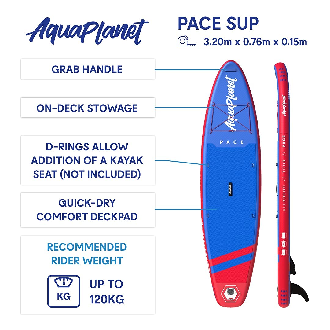 AQUAPLANET Pace Inflatable Paddle Board 10.6 Foot - Ideal for SUP Beginners to Intermediate - Stand Up Paddle Board Kit with Fin, Paddle, Pump, Repair Kit, Backpack, Leash, Dry Bag, Carry Strap