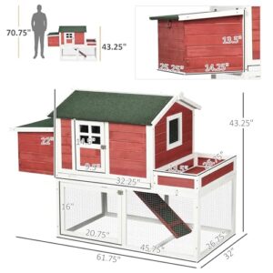 PawHut 63" Wooden Chicken Coop Hen House Poultry Cage for Outdoor Backyard with Raised Garden Bed, Run Area, Nesting Box and Removable Tray, Red