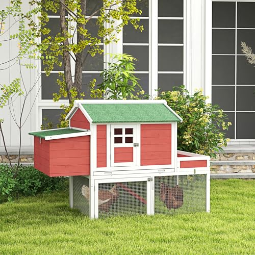 PawHut 63" Wooden Chicken Coop Hen House Poultry Cage for Outdoor Backyard with Raised Garden Bed, Run Area, Nesting Box and Removable Tray, Red