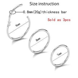 NewkeepsR 3PCS-0.8mm(20g) 316L Surgical Steel Hinged Clicker Segment Seamless Rings, Lobe Cartilage Tragus Earring Nose Hoop-7/8/9mm