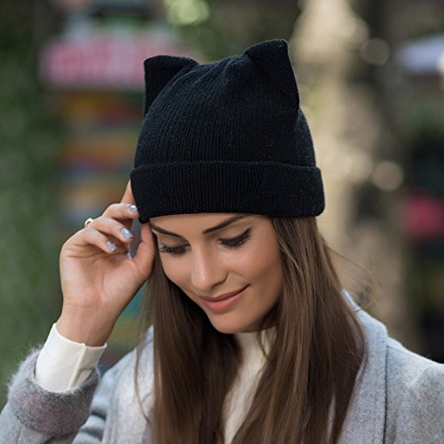 Penny's Women Cat Ear Beanie Hat Wool Braided Knit Trendy Winter Warm Cap Black One Size