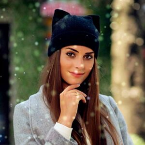 Penny's Women Cat Ear Beanie Hat Wool Braided Knit Trendy Winter Warm Cap Black One Size