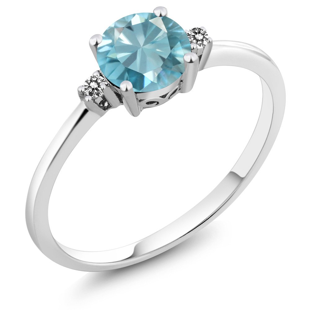 Gem Stone King 10K White Gold Blue Zircon and White Diamond Solitaire Engagement Ring For Women (1.23 Cttw, Round 6MM, Gemstone Birthstone, Size 6)