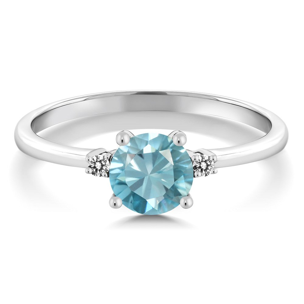 Gem Stone King 10K White Gold Blue Zircon and White Diamond Solitaire Engagement Ring For Women (1.23 Cttw, Round 6MM, Gemstone Birthstone, Size 6)