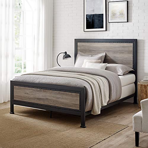 Home Accent Furnishings Rustic Queen Industrial Wood and Metal Bed - Includes Head and Footboard