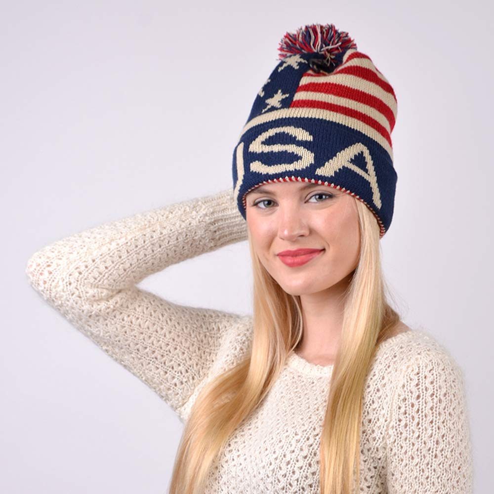 Selini Winter Hat - Knit, Cuffed Beanie with Pom Pom, USA Flag Design, Warm Fun for Cold Days, Small-Medium