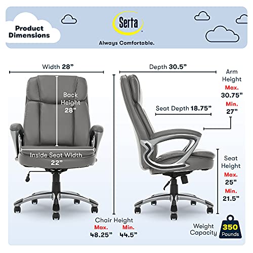 Serta Big & Tall Executive Office Chair High Back All Day Comfort Ergonomic Lumbar Support, Bonded Leather, Opportunity Gray