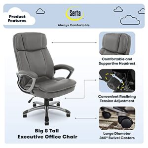 Serta Big & Tall Executive Office Chair High Back All Day Comfort Ergonomic Lumbar Support, Bonded Leather, Opportunity Gray