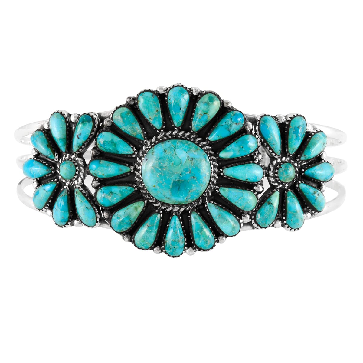 Southwest Style Genuine Turquoise 925 Sterling Silver Cluster Bracelet (Turquoise)