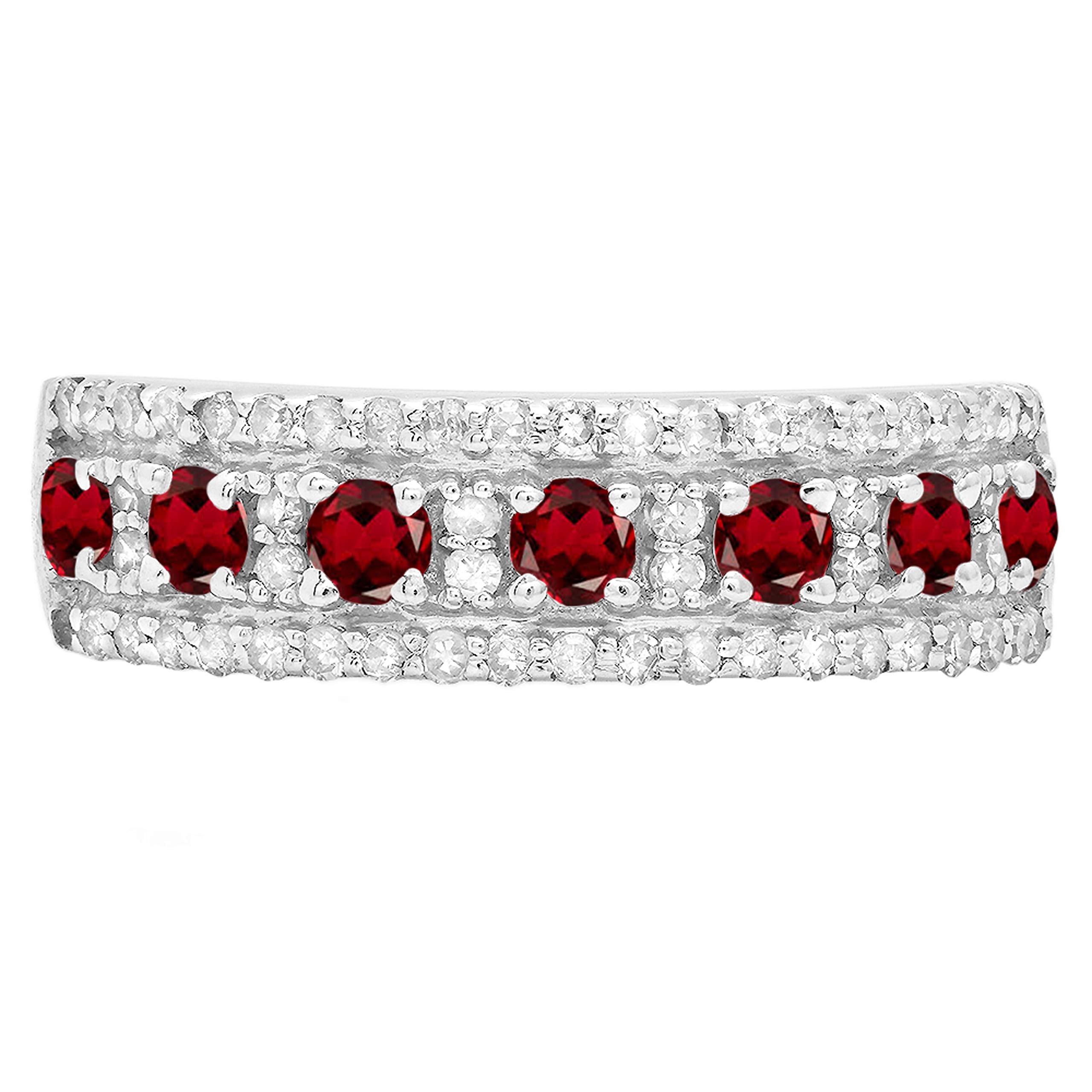 Dazzlingrock Collection Round Garnet & White Diamond 7 Stone Anniversary Wedding Band for Women in 14K White Gold, Size 6