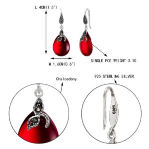 EVER FAITH 925 Sterling Silver Red Created Chalcedony Crystal Retro Black Leaf Teardrop Hook Earrings Birthday/Mothers Day/Valentines Day/Christmas Jewelry Gift for Women