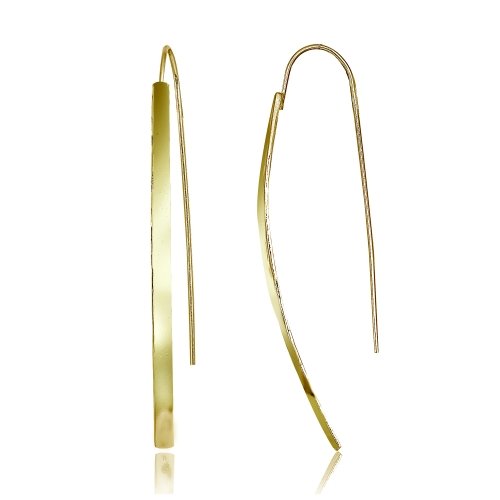 Yellow Gold Flashed Sterling Silver Polished Curved Long Flat Bar Threader Drop Earrings