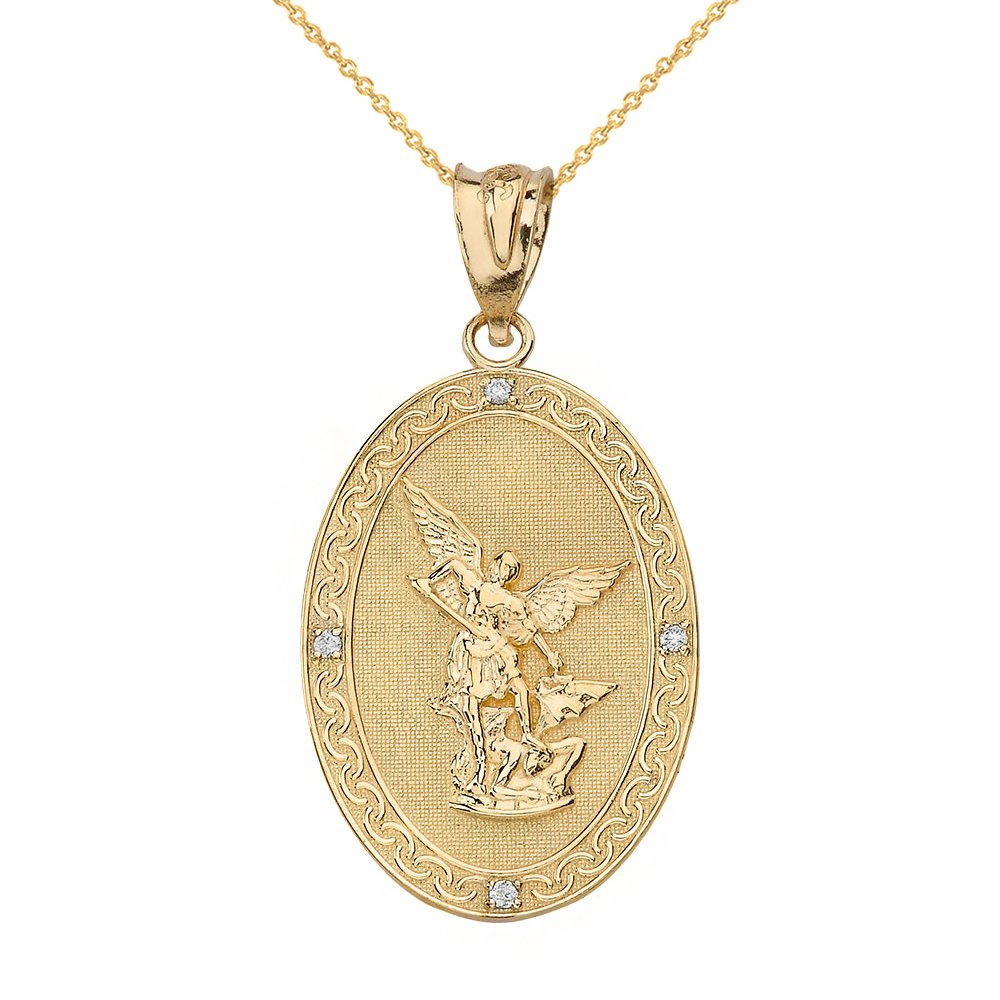 10k Gold Saint Michael The Archangel Diamond Oval Medal Necklace (1"), 16"