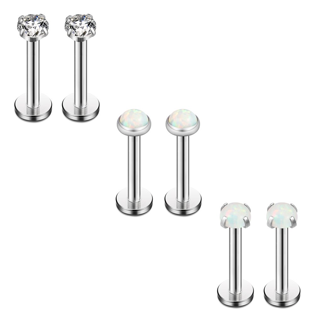 Ruifan 3mm White Opal & Clear CZ Internally Threaded Stainless Steel Labret Monroe Lip Ring Tragus Helix Earring Stud 16G 1/4" 6mm 6PCS