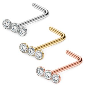 Ruifan 3PCS 20G 316L Surgical Steel Triple Linear Gem Clear CZ Curved Nose Stud Ring L Shaped Piercing Jewelry - Mix Color