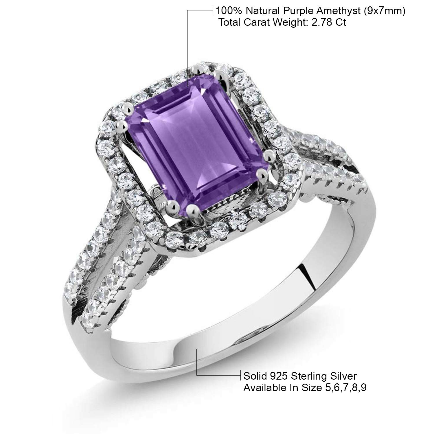 Gem Stone King 2.78 Cttw Purple Amethyst Engagement Ring For Women In 925 Sterling Silver | Emerald Cut 9X7MM | Gemstone Birthstone | Available In Size 5, 6, 7, 8, 9