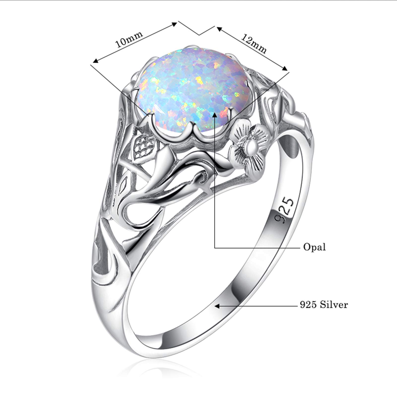 SZJINAO Opal Sterling Silver Rings for Women 2ct Round Art Deco Wedding Engagement Part Ring Jewellery