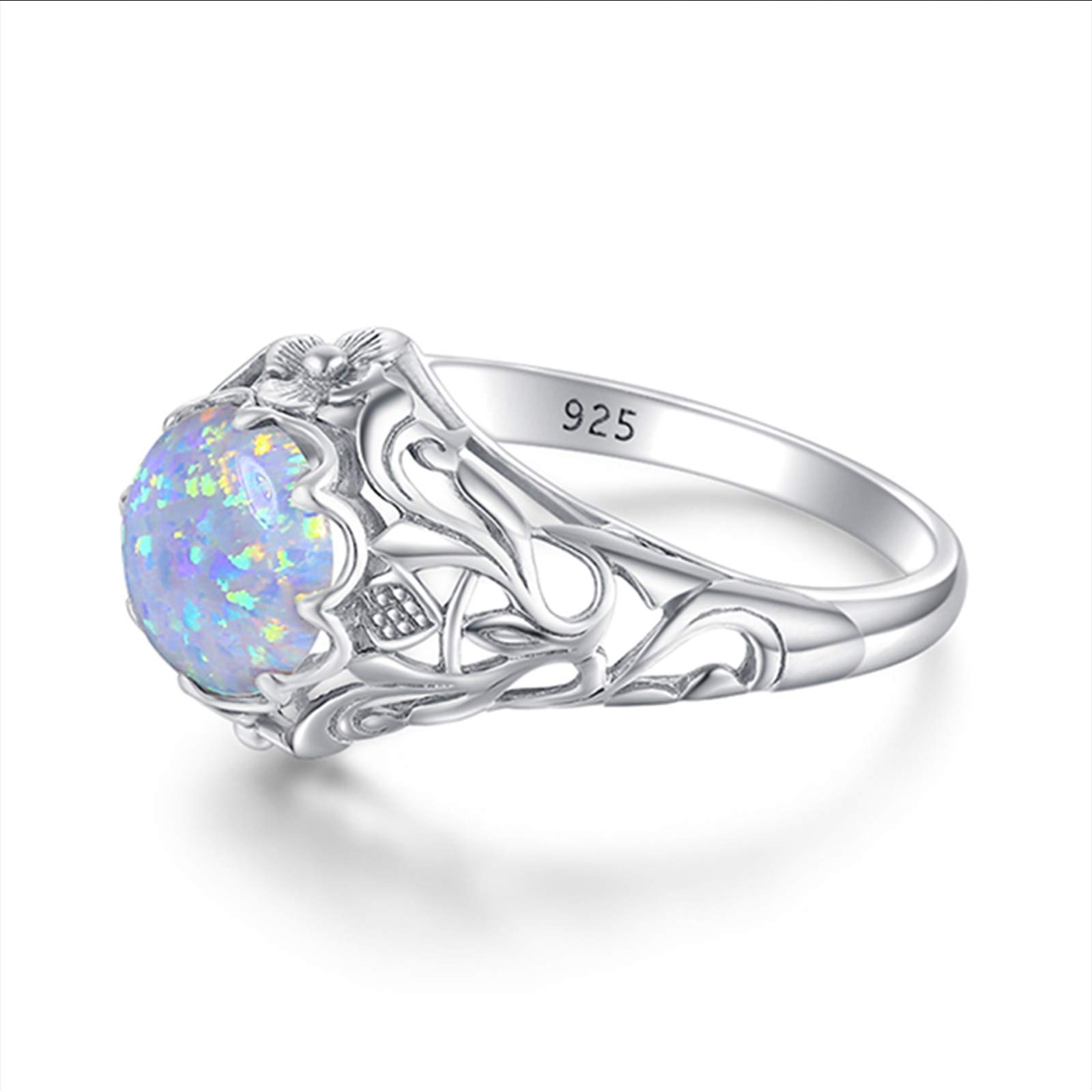 SZJINAO Opal Sterling Silver Rings for Women 2ct Round Art Deco Wedding Engagement Part Ring Jewellery