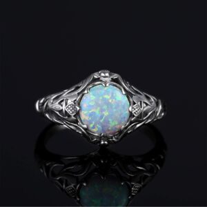 SZJINAO Opal Sterling Silver Rings for Women 2ct Round Art Deco Wedding Engagement Part Ring Jewellery