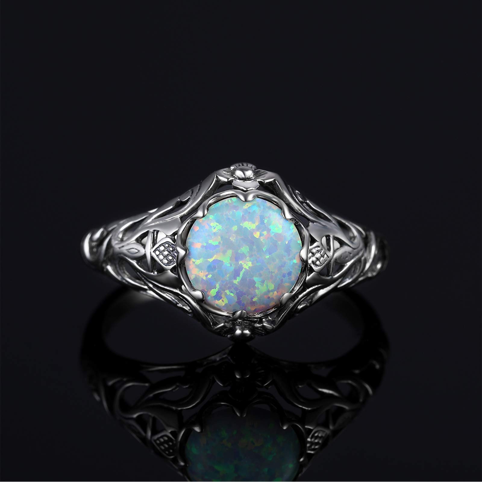 SZJINAO Opal Sterling Silver Rings for Women 2ct Round Art Deco Wedding Engagement Part Ring Jewellery