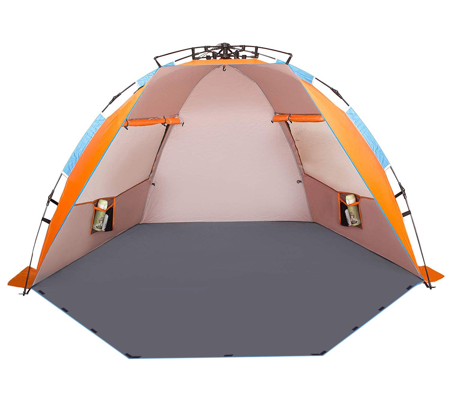 Oileus X-Large 4 Person Beach Tent Sun Shelter - Portable Sun Shade Instant Tent for Beach with Carrying Bag, Stakes, 6 Sand Pockets, Anti UV for Fishing Hiking Camping, Waterproof Windproof, Orange