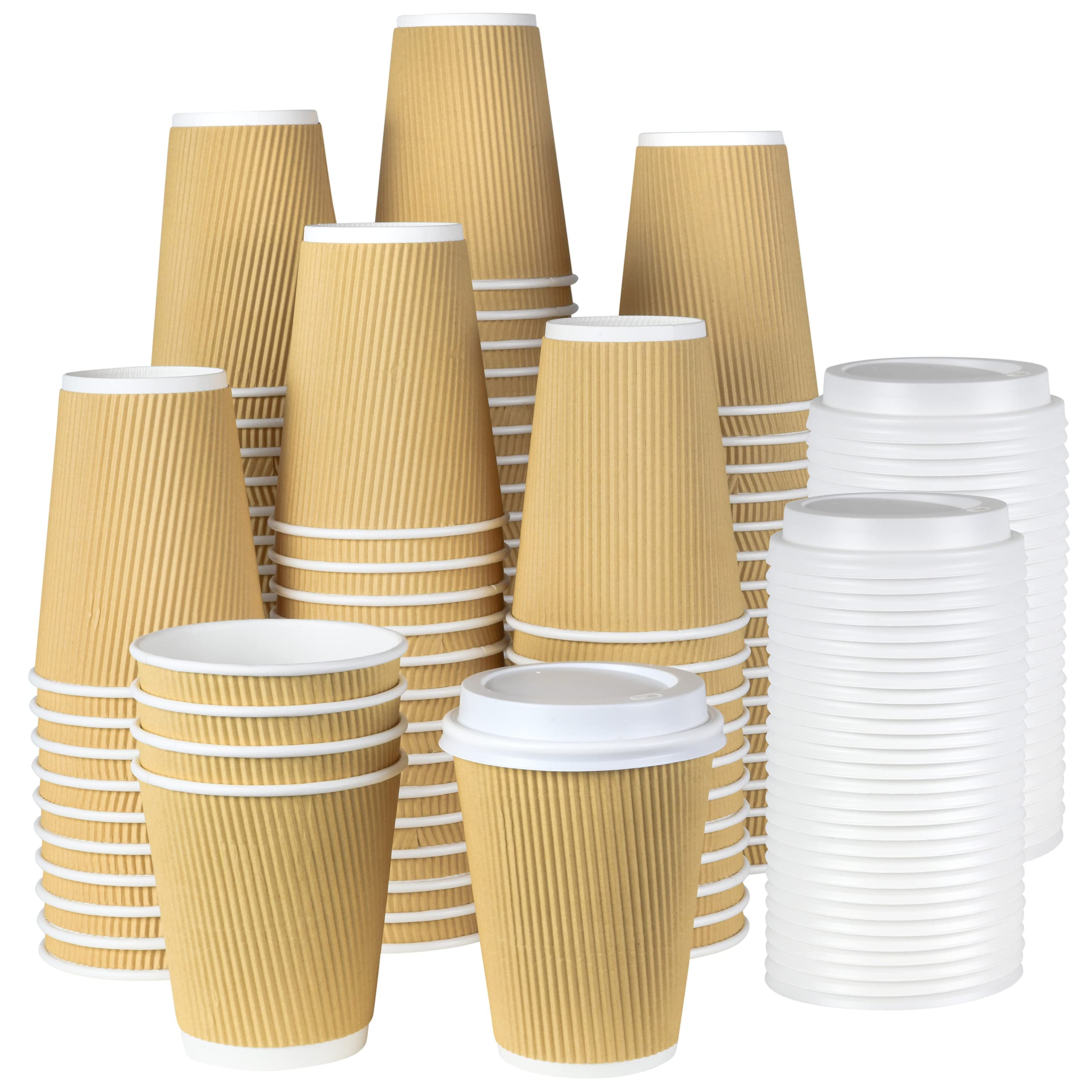 NYHI Kraft Paper Coffee Cups With Lids Set of 100 12oz Disposable Triple Wall Ripple Insulated Coffee Cups To Go Recyclable Brown Paper Cups Coffee Hot Chocolate Tea Hot Cups With Lids