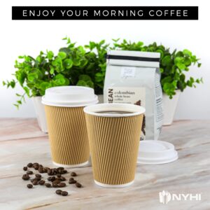 NYHI Kraft Paper Coffee Cups With Lids Set of 100 12oz Disposable Triple Wall Ripple Insulated Coffee Cups To Go Recyclable Brown Paper Cups Coffee Hot Chocolate Tea Hot Cups With Lids