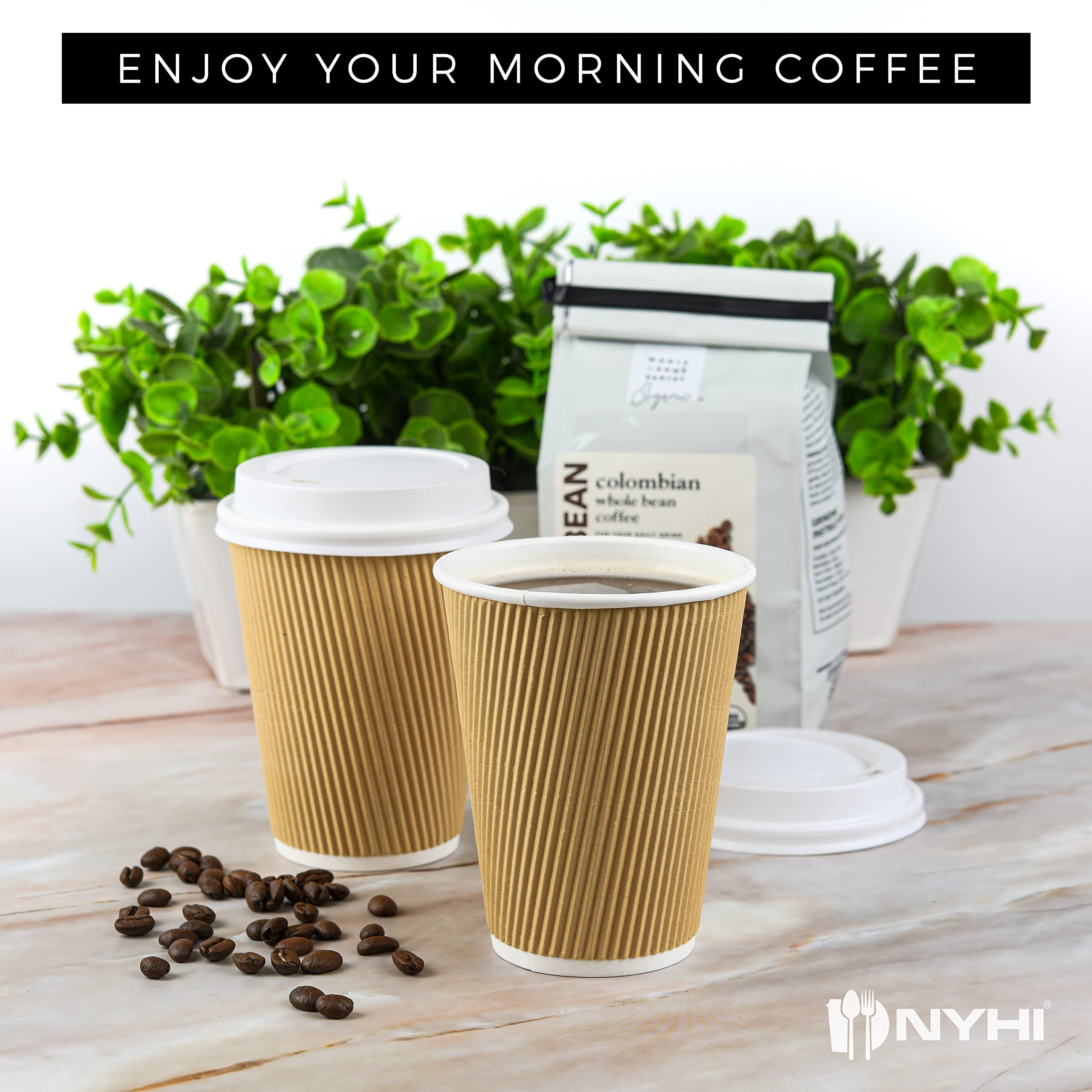 NYHI Kraft Paper Coffee Cups With Lids Set of 100 12oz Disposable Triple Wall Ripple Insulated Coffee Cups To Go Recyclable Brown Paper Cups Coffee Hot Chocolate Tea Hot Cups With Lids