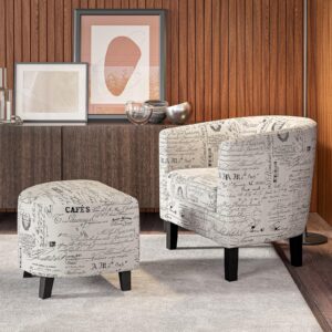 BELLEZE Accent Chair with Ottoman, Curved Back Living Room Chair, Stylish Barrel Club Chair and Footrest Set, Upholstered Round Tub Reading Chair for Bedroom - Lydia (White French Pattern/Linen)