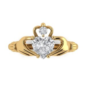 1.06 Ct Brilliant Heart Cut Clear Simulated Diamond 14K Yellow Gold Solitaire Claddagh Statement Ring Size 10.75