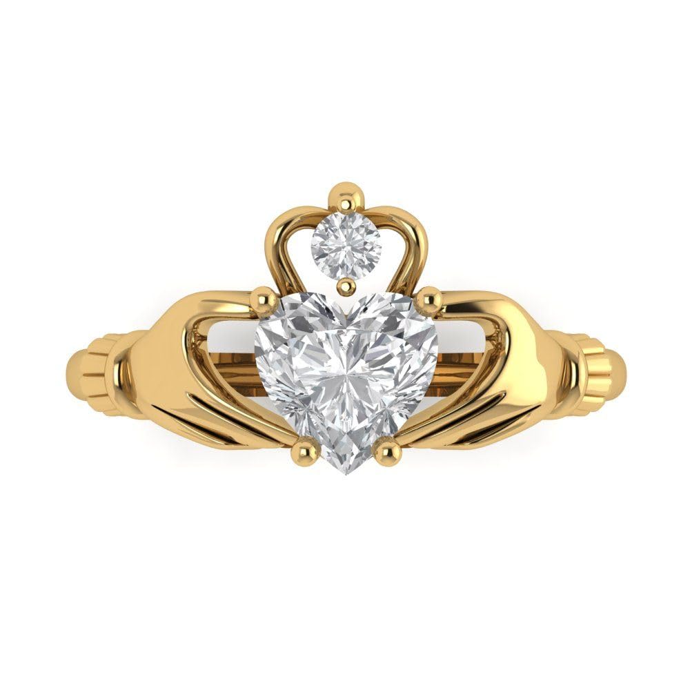 1.06 Ct Brilliant Heart Cut Clear Simulated Diamond 14K Yellow Gold Solitaire Claddagh Statement Ring Size 10.75