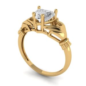 1.06 Ct Brilliant Heart Cut Clear Simulated Diamond 14K Yellow Gold Solitaire Claddagh Statement Ring Size 10.75