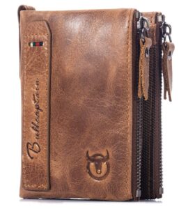 bullcaptain genuine leather wallet for men vintage bifold with double zipper pockets (brown)