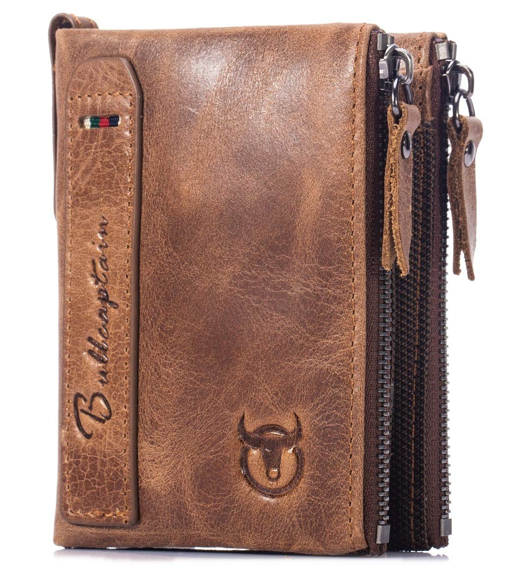 BULLCAPTAIN Genuine Leather Wallet for Men Vintage Bifold with Double Zipper Pockets (Brown)