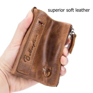 BULLCAPTAIN Genuine Leather Wallet for Men Vintage Bifold with Double Zipper Pockets (Brown)