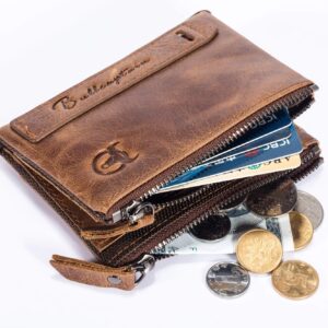 BULLCAPTAIN Genuine Leather Wallet for Men Vintage Bifold with Double Zipper Pockets (Brown)