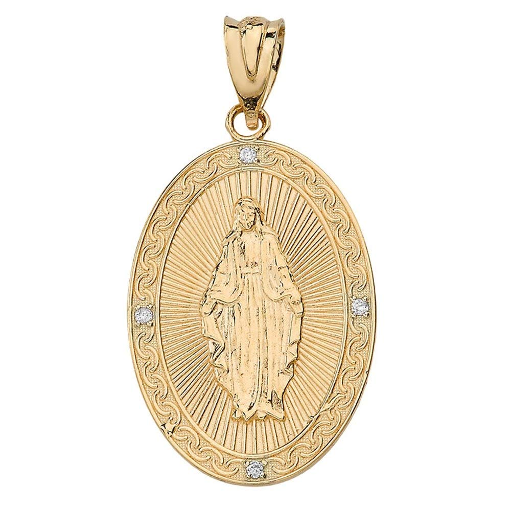 Religious Jewelry 10k Yellow Gold Blessed Virgin Mary Miraculous Oval Medal Diamond Necklace (1"), 20"