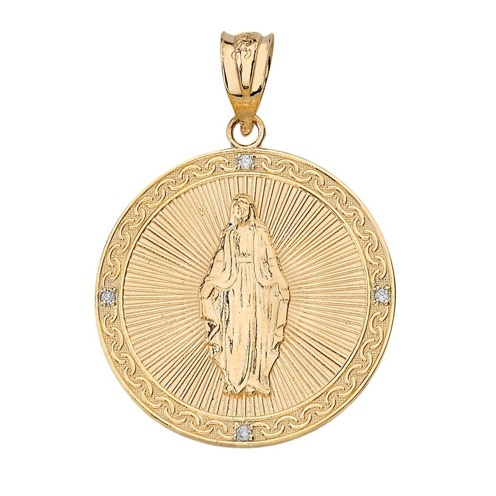 Sideways Crosses Religious Jewelry 14k Yellow Gold Blessed Virgin Mary Miraculous Round Medal Diamond Necklace (Small), 20"