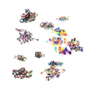 Body Jewelry Lot 232 Pieces Anodized Steel Acrylic Nose Ring Nipple Belly 14G 16G