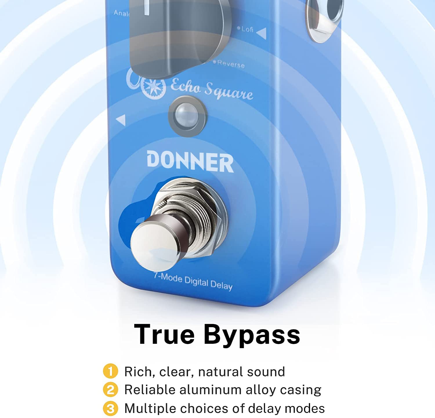 Donner Echo Square Delay Pedal - Digital 7-Modes Delay for Electric Guitar, Multi-Delay including Digital, Analog, Tape, Mod, Sweep, Lofi, Reverse - True Bypass