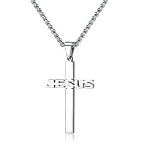 REVEMCN Stainless Steel Jesus Cross Pendant Necklace for Men Women 20-24 Inches Rolo Chain Christian Gifts for Men Faith