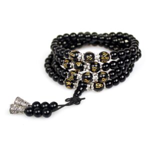 PWMENLK 6mm 108 Mala Beads Bracelet Meditation Necklace Obsidian Beaded Prayer Buddhist Necklace for Healing Stone Agate Tiger Eye Jewelry for Men and Women(om mani padme hum)