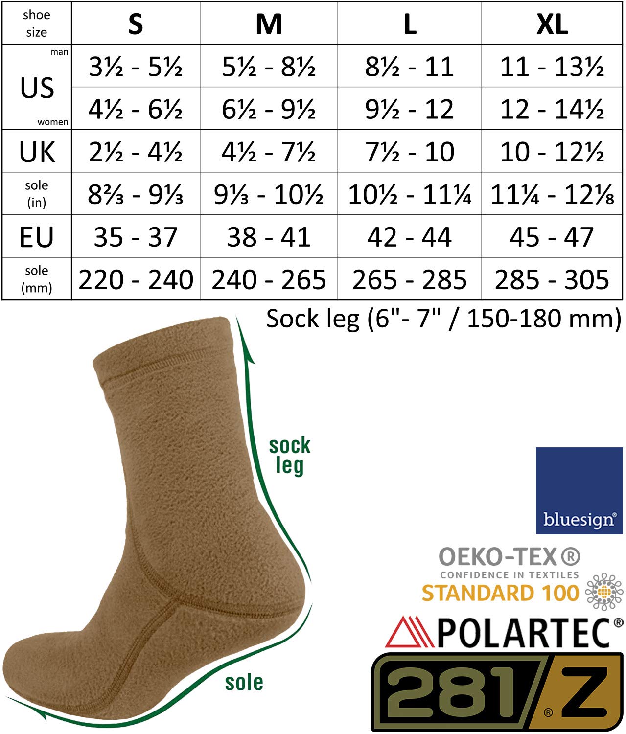 281Z Hiking Warm 6 inch Boot Liner Socks - Military Tactical Outdoor Sport - Polartec Fleece Winter Socks (Small, Coyote Brown)